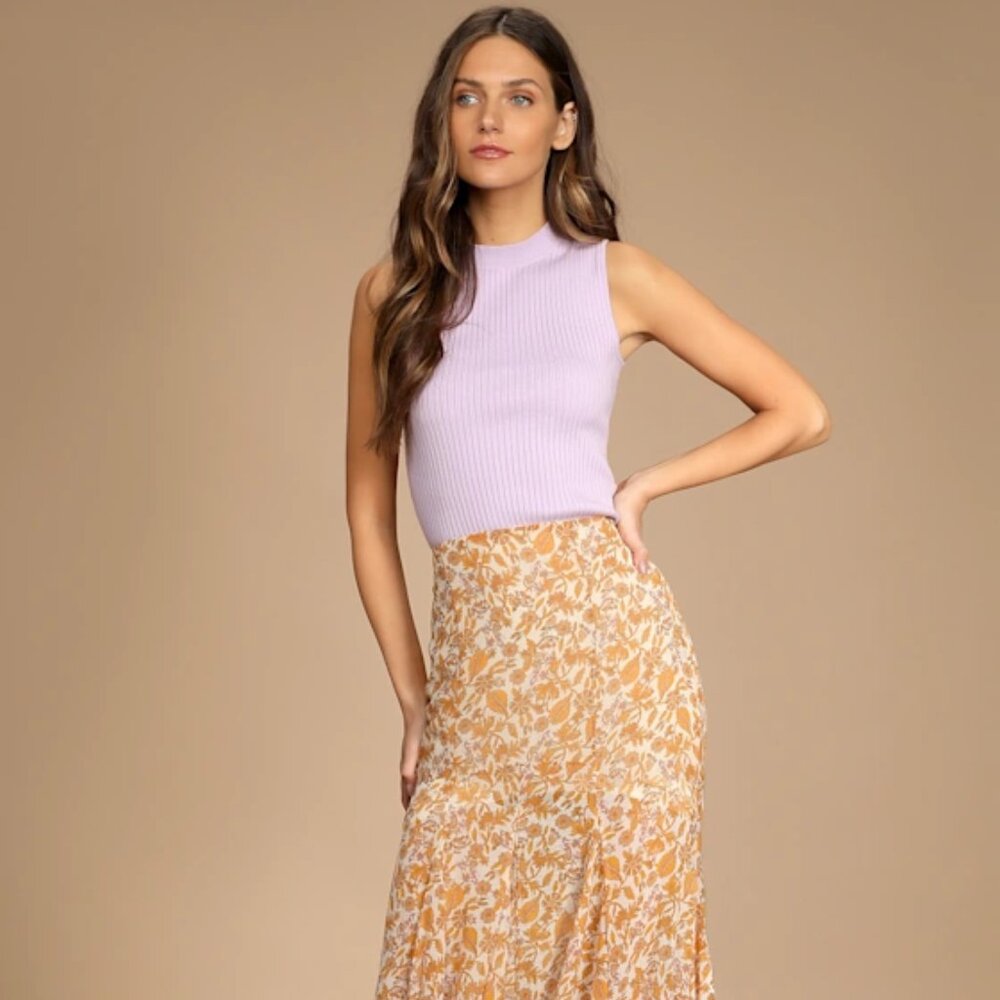 NWOT Free People Lilith Cream and Orange Floral Print Maxi Skirt 0